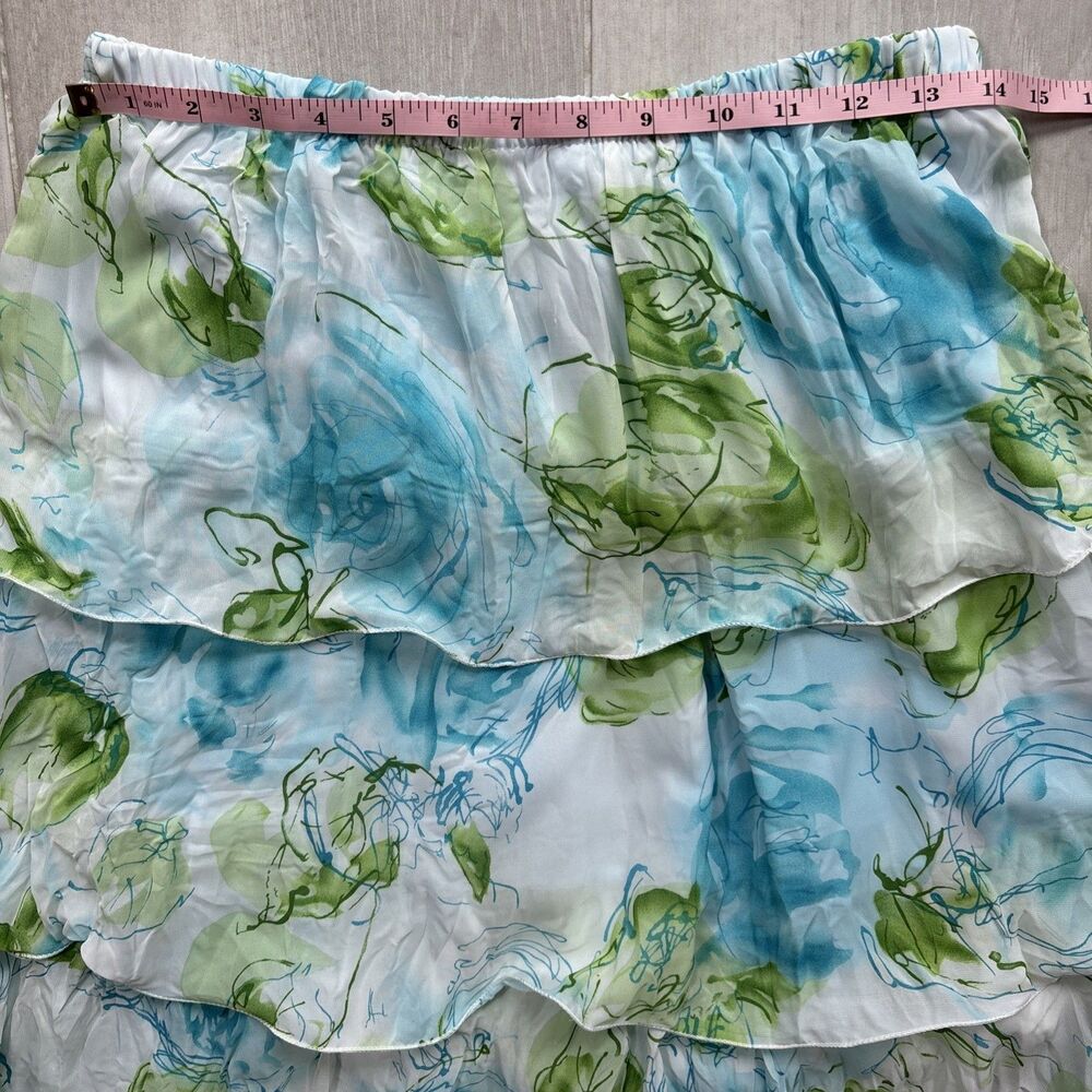 Floral Tiered Ruffle Midi Skirt Blue Green Romantic Cottagecore Size M - Picture 8 of 9